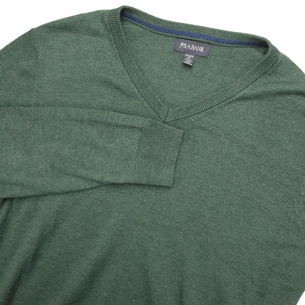 Jos A Bank Sweater Mens 2XL Green Merino Wool V Neck Knit Lightweight Pullover